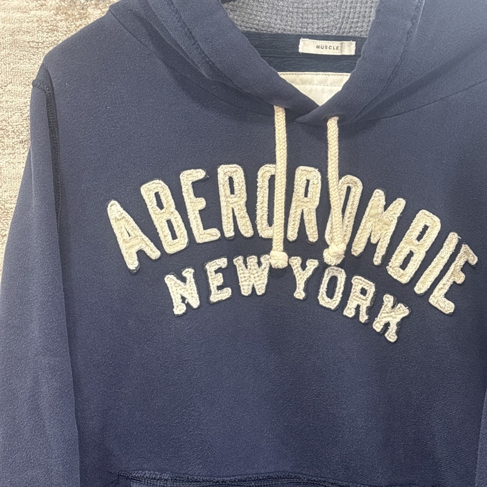 Y2K Abercrombie & Fitch Muscle Fit Heavyweight Hoodie Navy Blue Spellout XL